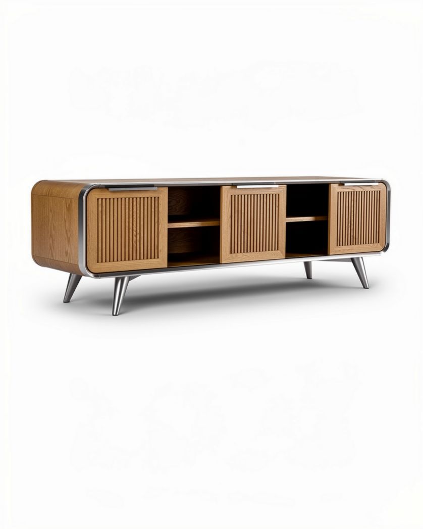 Tv-meubel 150 x 40 x 50cm van hout en metaal met opbergruimte en open planken
