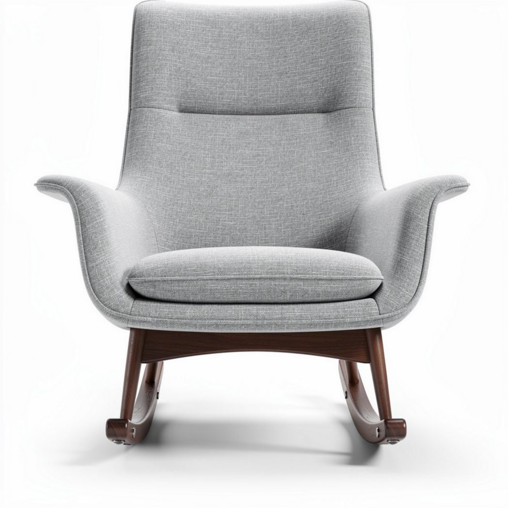Grijze fauteuil van stof met houten onderstel afmetingen 80 x 75 x 90cm