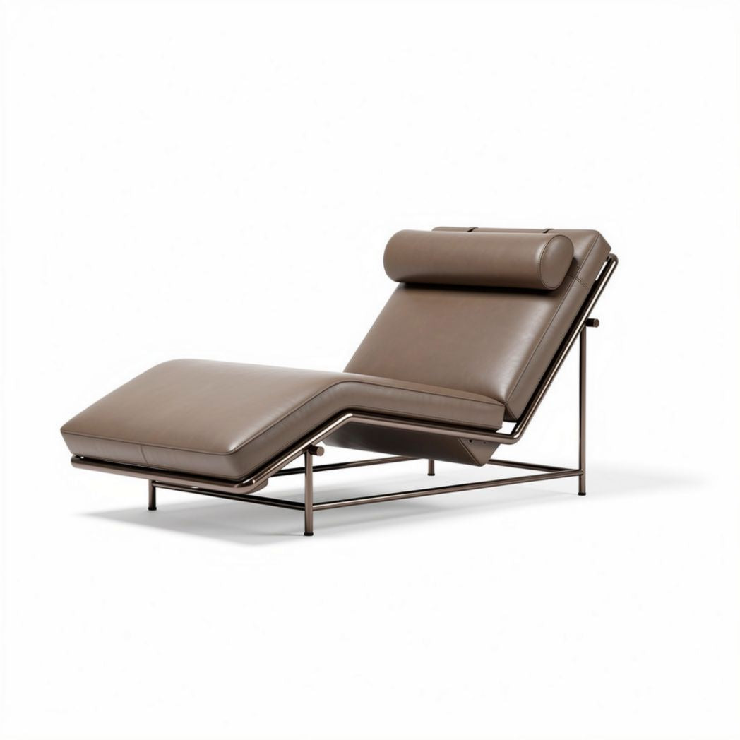 ligstoel van bruin leder met metalen frame afmetingen 180 x 80 x 70cm