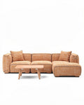 Hoekbank met bijzettafel in oranje stof en houten poten 250 x 90 x 75cm