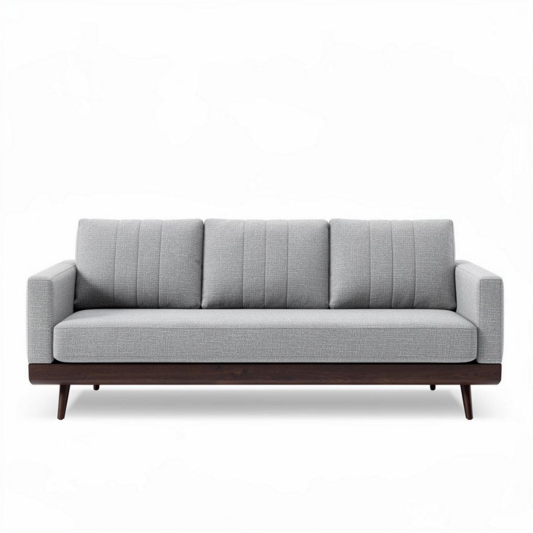 Grijze stoffen bank 200 x 80 x 90cm met houten onderstel en gestreepte kussens