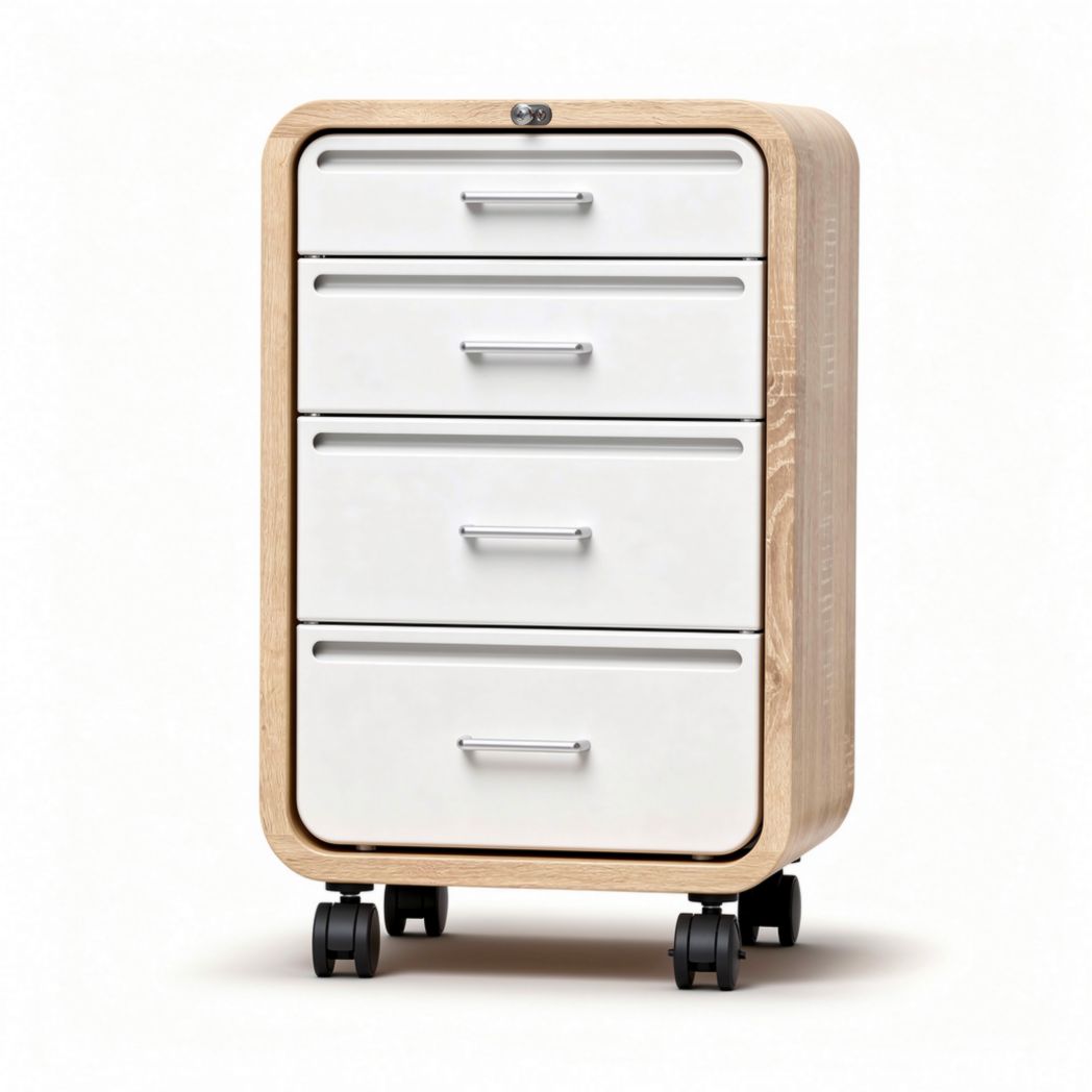 Houten mobiele ladekast met vier lades en metalen handgrepen 45 x 40 x 90cm