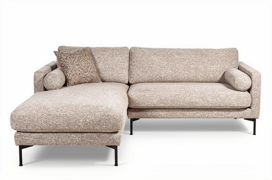 Hoekbank van stof in beige 210 x 90 x 85cm met kussen en armleuningen