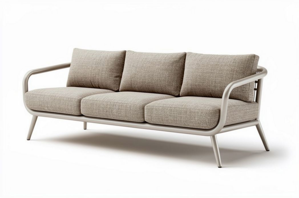 Moderne banken met een lichte beige stof en aluminium frame 200 x 80 x 70cm
